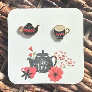 New Cute Handmade Black and Red Asymmetrical Teapot & Tea Cup Stud Earrings
